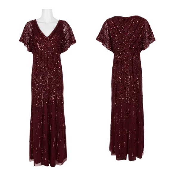 Adrianna Papell Flutter Sleeve Beaded Gown Burgundy - Picture 2 of 9